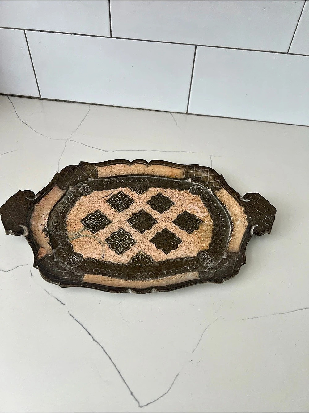 Decorative Vintage-Style Tray in Brown & Beige